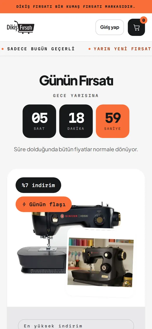 Dikiş Fırsatı ana sayfa sayfası, telefonda