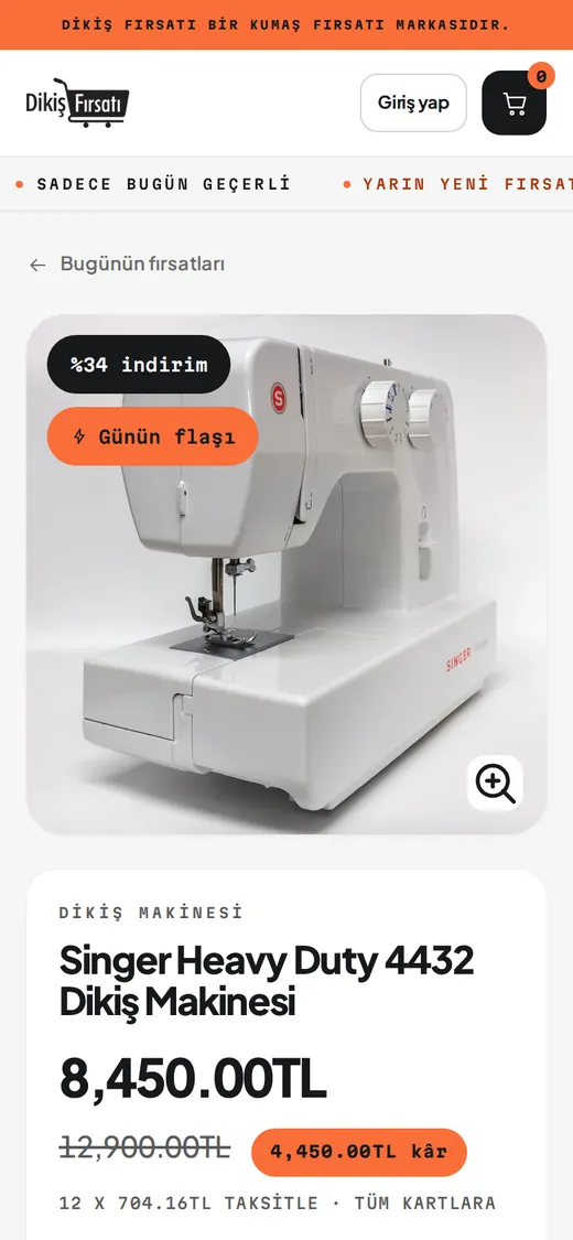 Dikiş Fırsatı ürün sayfası, telefonda