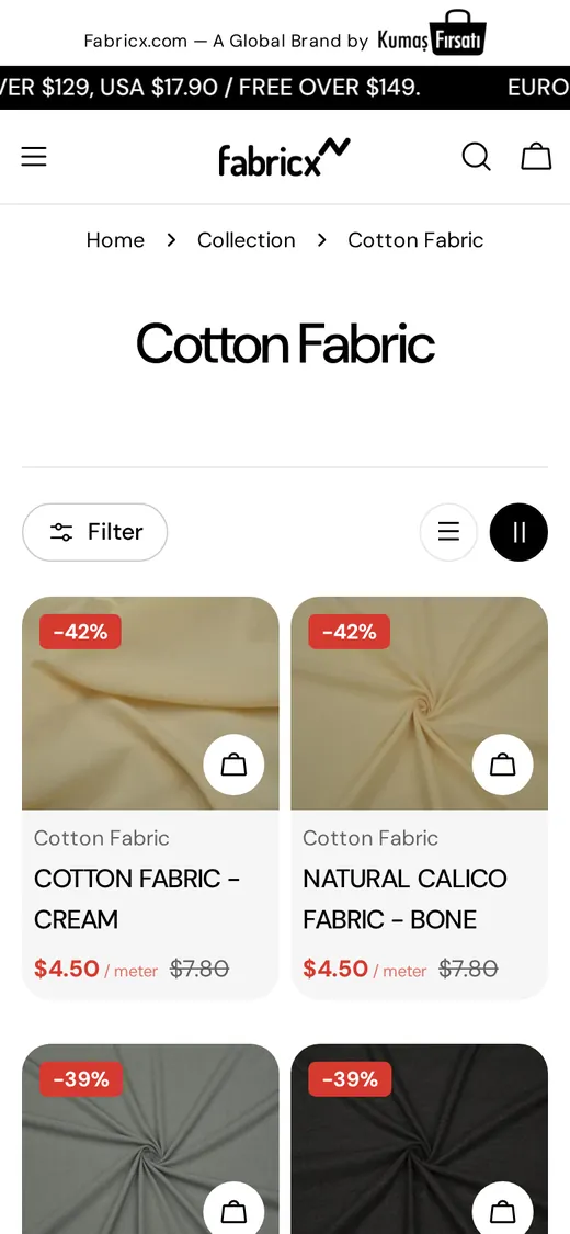 FabricX koleksiyon sayfası, telefonda
