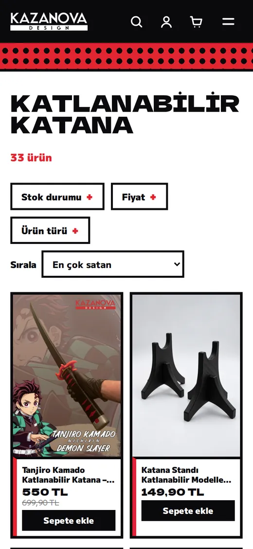 Kazanova Design koleksiyon sayfası, telefonda