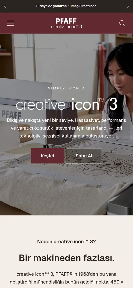 PFAFF creative icon 3 home page on a phone