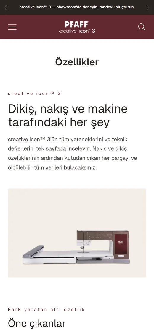 PFAFF creative icon 3 features page on a phone