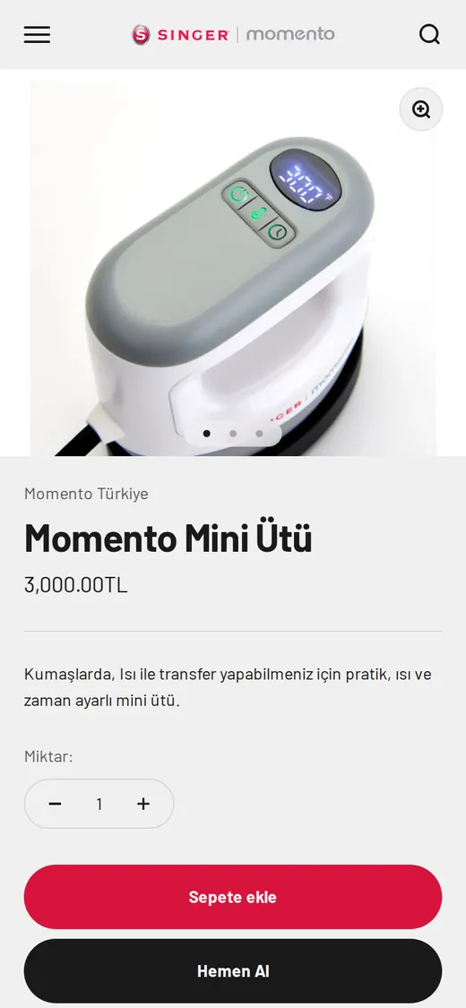 Singer Momento ürün sayfası, telefonda